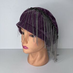 Vintage Retro Purple Velvet Metal Fringe Flapper Cap Hat
